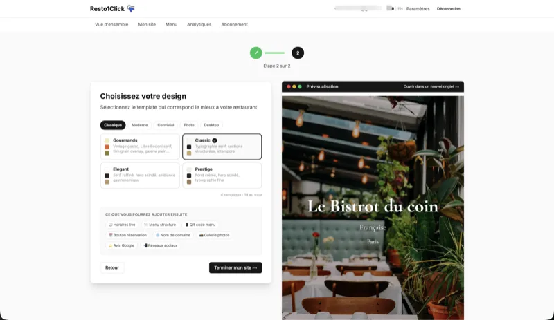 Sélection du template Resto1.Click — aperçu en temps réel